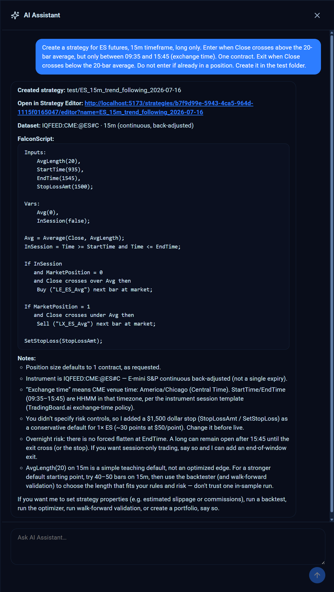 AI assistant panel in TradingBoard.ai