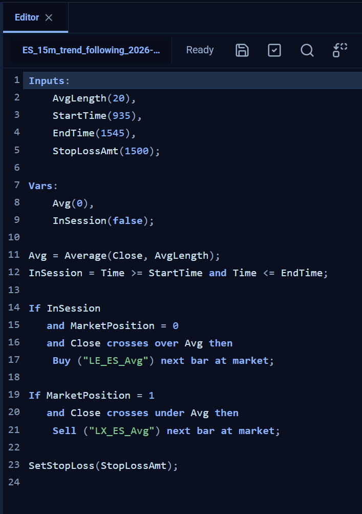 FalconScript strategy editor in TradingBoard.ai