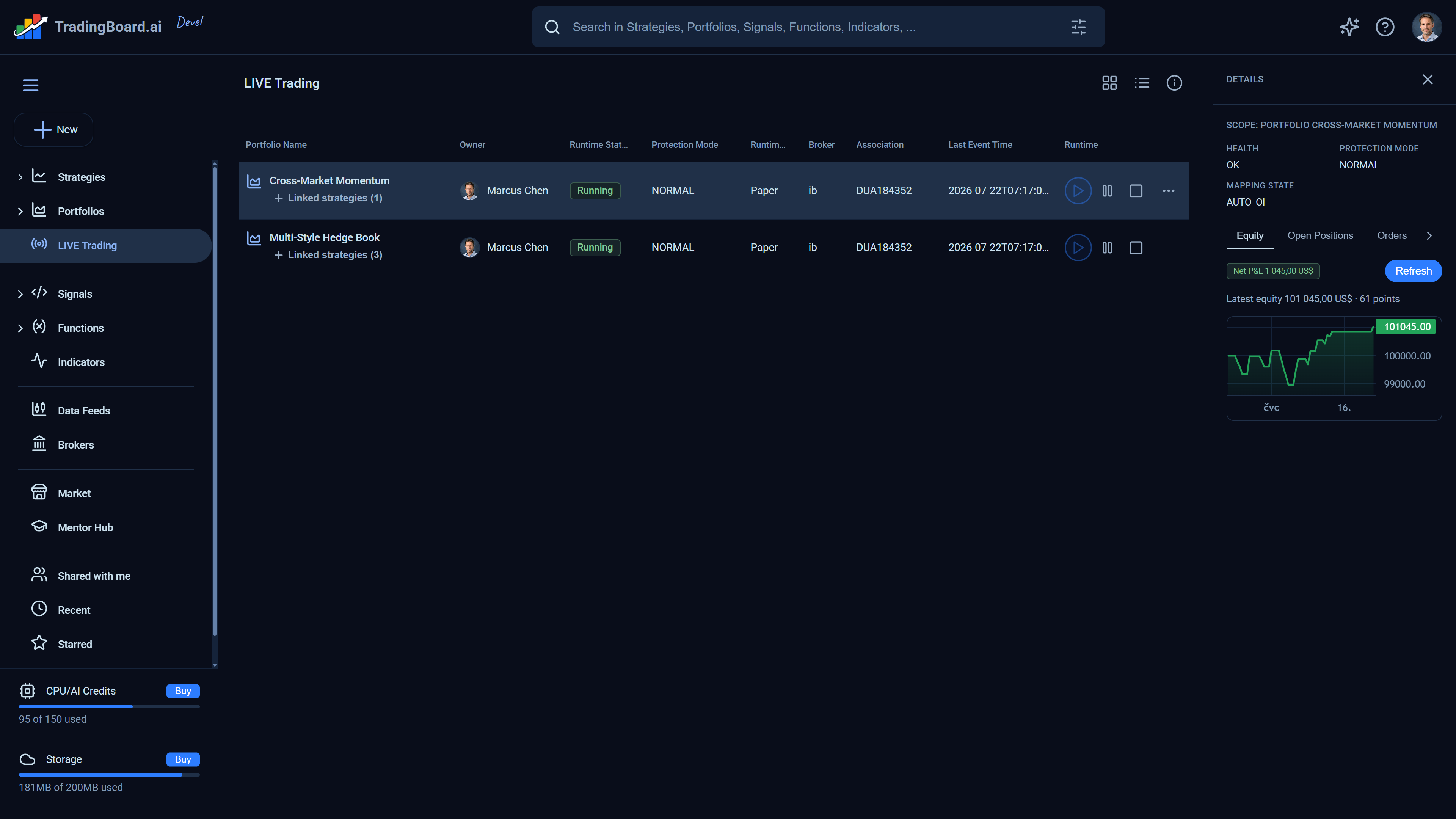 Live trading explorer for strategy portfolios