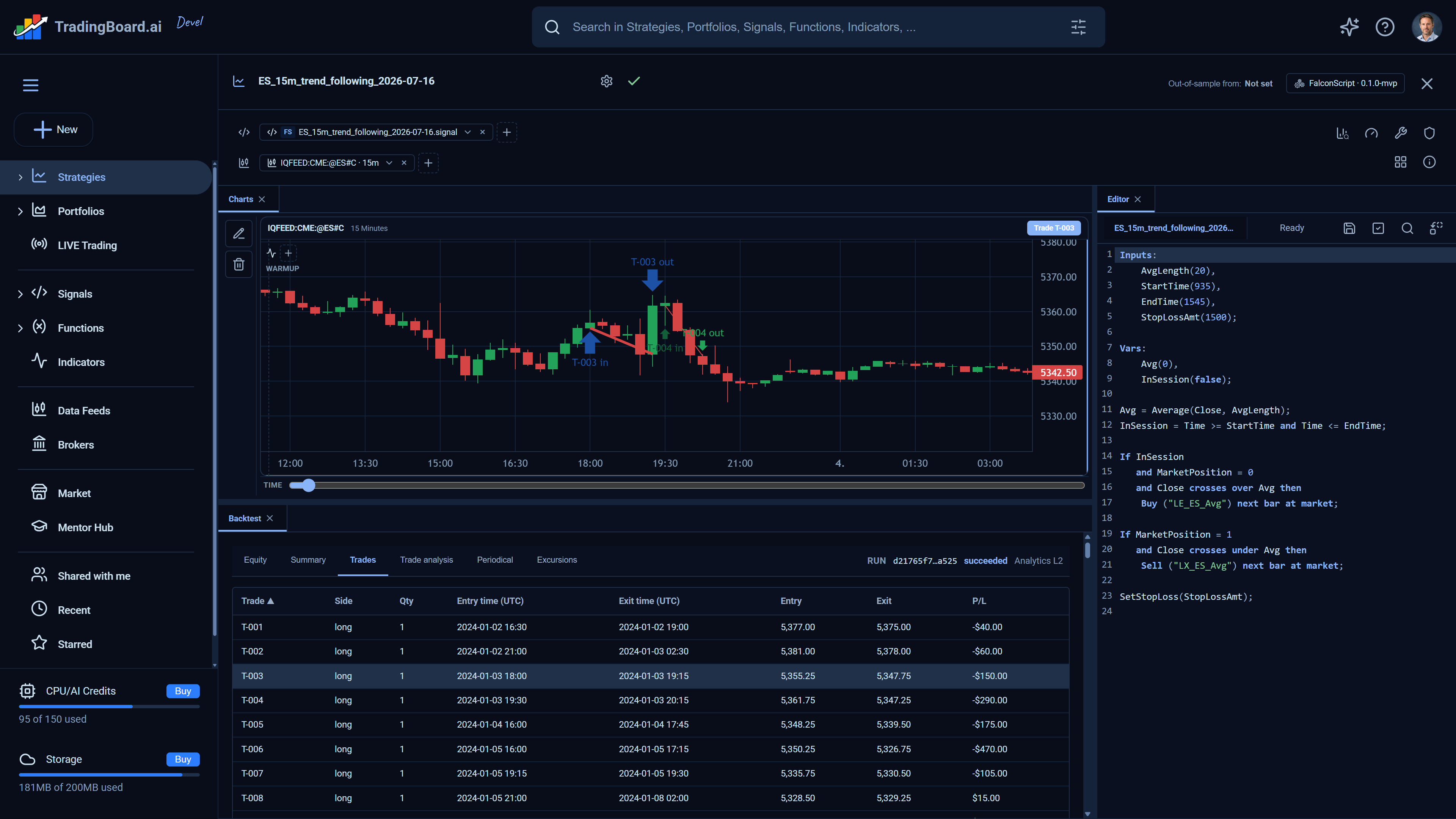 Strategy editor trade selection in TradingBoard.ai